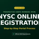 A digital guide cover titled NYSC Online Registration for Prospective Corps Members, highlighting the step-by-step portal process and official 2026 requirements.