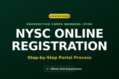A digital guide cover titled NYSC Online Registration for Prospective Corps Members, highlighting the step-by-step portal process and official 2026 requirements.