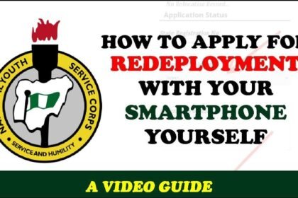 Illustration showing the official NYSC online portal login page for corps members applying for relocation.