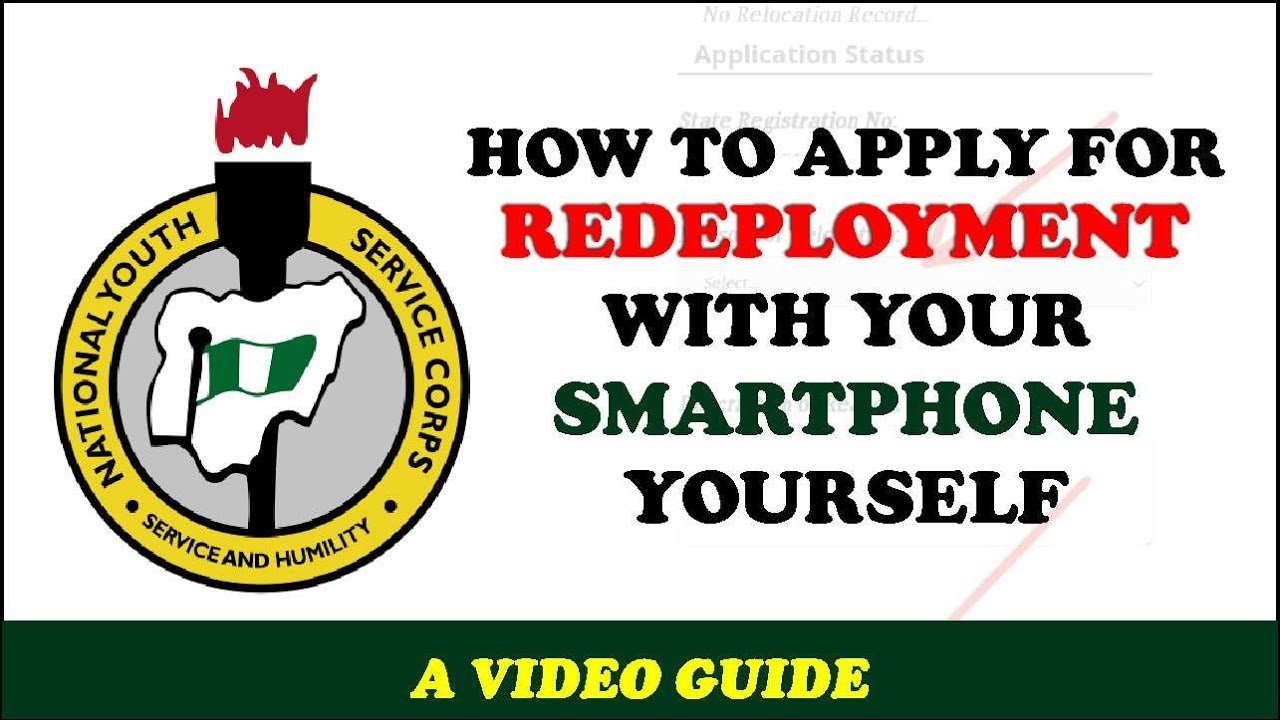 Illustration showing the official NYSC online portal login page for corps members applying for relocation.